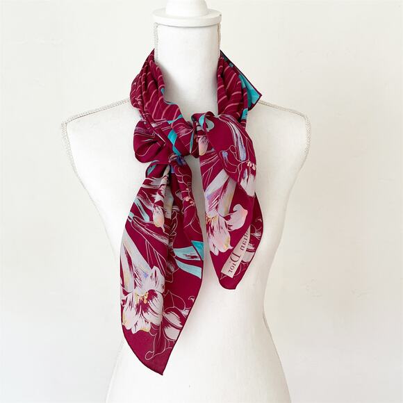 DIOR Vintage Floral Hawaiian Silk Scarf Burgundy Blue - Picture 7 of 8